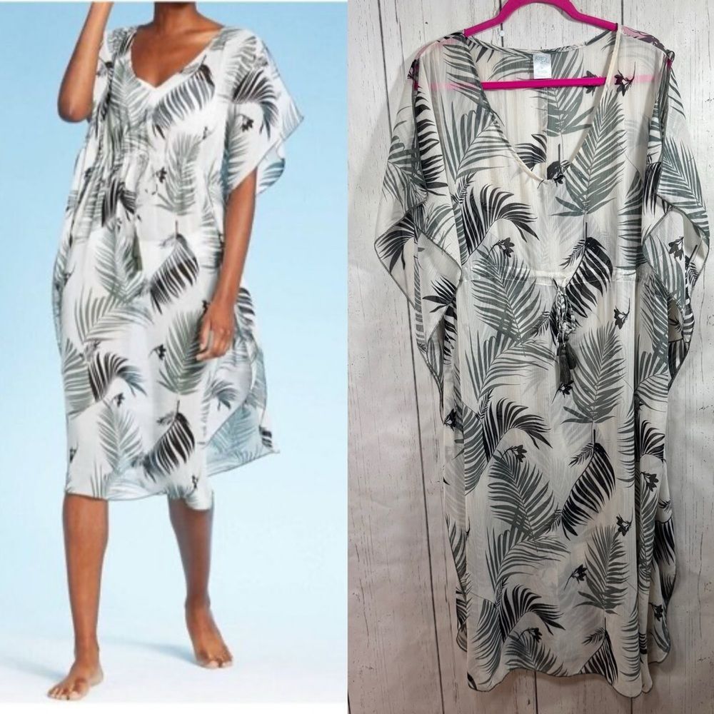 Kona Sol Tropical Palm Leaf Swim Cover Up Tassel Drawstring Waist Flowy Sheer